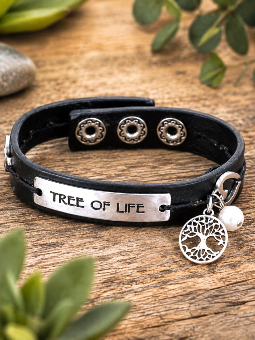 Tree of Life Leather Wrap Bracelet Boho Charm Adjustable Black Silver Pearl NWT